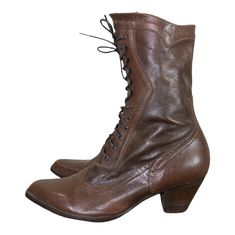 Victorian Boots For Formal Fall Occasions, Victorian Boots With Leather Sole, Vintage Lace-up Boots With Pointed Toe And Leather Sole, Vintage Fitted Lace-up Boots With Snip Toe, Vintage Brown High Heel Lace-up Boots, Vintage Fitted Boots With Laces, Victorian Boots With Leather Sole For Fall, Vintage Formal Boots With Laces, Vintage Fall Boots With Laces