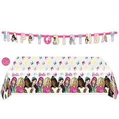 a birthday banner with barbie dolls on it