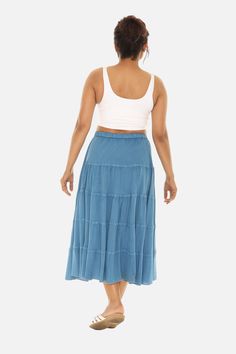 Give your warm-weather wardrobe a refresh with this midi skirt featuring a ruffled tiered design. Elastic Waist High Waist, -Long Maxi & Flared Skirt, Tone-On-Tone Embroidery Boho Print, Lightweight Woven Construction Unlined, Casual,Vacation,Beach Summer Midi Skirt In Rayon, Summer Midi Length Rayon Skirt, Spring Tiered Maxi Skirt In Rayon, Summer Midi-length Rayon Skirt, Flowy Tiered Beach Bottoms, Flowy Summer Midi-length Bottoms, Flowy Tiered Bottoms For Beach, Casual Flared Skirt Bottoms With Layered Hem, Flowy Rayon Tiered Maxi Skirt