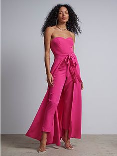 Bow Jumpsuit, Pageant Tips, Detachable Skirt, Designer Jumpsuits, Pink Jumpsuit, Event Outfit, Sweetheart Neck, Petite Fashion, Pink Bow