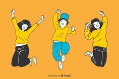 three people jumping in the air with their hands up and one person wearing a yellow shirt