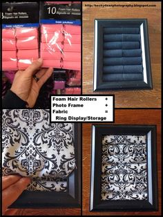 four different pictures showing how to make a photo frame with damask paper and fabric