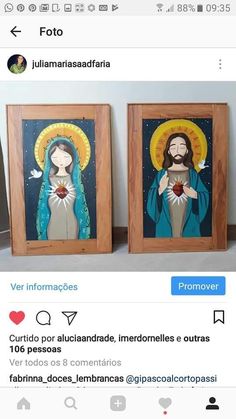 two paintings of the virgin mary and jesus in wood frames, one with sunflowers