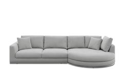 a large sectional couch with pillows on the top and bottom corner, in grey fabric