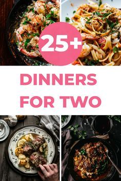 the cover of 25 dinners for two is shown with images of food and drinks