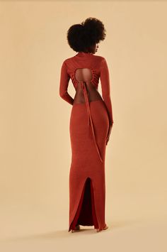 BEVERLY Dress in Auburn – Fumi The Label Contour Dress Outfits, Single Sleeve Dress, Wakandan Outfits, Fall Dinner Dress, Open Back Dress Casual, Formal Dress Accessories, Orange Dress Outfit, Auburn Dress, High Neck Dresses