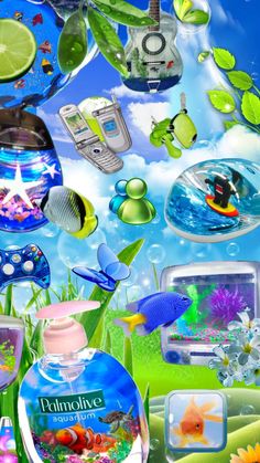 an image of a cell phone surrounded by many different things in the sky and water