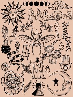 an assortment of tattoos on a pink background