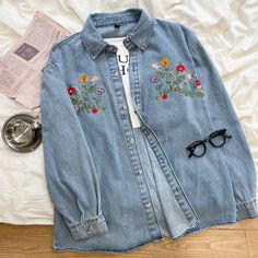 Variety Garden Denim Shirt (Blue) Casual Denim Jacket, Light Wash Denim, Casual Denim, Small Flowers, Embroidered Flowers, Denim Shirt, Button Up Shirt, Denim Button Up