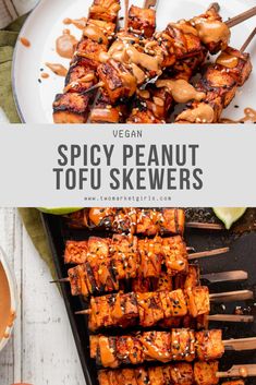 grilled tofu skewers on a white plate with sauce drizzled over them