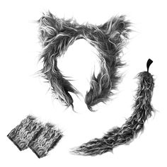 an animal's hair and tail are shown in black and white, including the tail