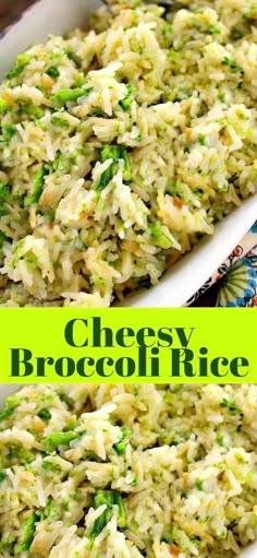 broccoli rice casserole in a white dish with the words cheesy broccoli rice on it