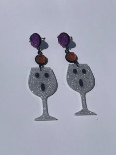 Dangle post earrings for pierced ears  Purple 10mm diameter top Orange 8mm diameter middle Silver glitter Acrylic ghost wine glass 3 inches in length Glitter Acrylic, Glitter Acrylics, Glass Earrings, Pierced Ears, Silver Glitter, Ear Piercings, Post Earrings, Wine Glass, Jewelry Earrings Dangle