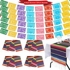 colorful table cloths and place mats are arranged in rows