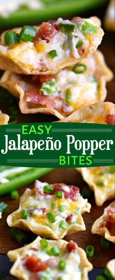 easy jalapeno popper bites are stacked on top of each other