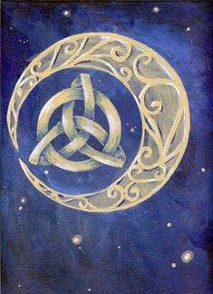 a painting of a celtic knot on the moon with stars in the sky behind it