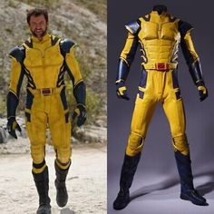 two pictures of the same man in yellow and black suits