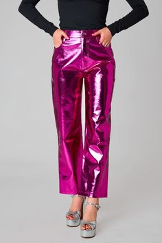 Pink Party Pants, Pink Metallic Pants Outfit, Pink Metallic Pants, Metallic Pants Outfit, Metallic Pant, Magenta Outfit, Barbie Fits, Boho Bottoms, Blue Jean Outfits