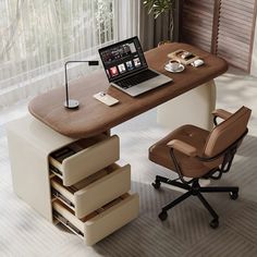 an office desk with a laptop and chair in front of it, next to a window