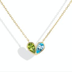 Jumbo Sweetheart Necklace Peridot & Blue Topaz Fine Jewelry Peridot Necklace For Anniversary, Yellow Gold Heart Cut Gemstone Necklace, 14k Gold Heart Cut Gemstone Necklace, Green 14k Gold Heart Pendant Necklace, Yellow Gold Multi-stone Necklace For May Birthstone, Yellow Gold Heart Cut Multi-stone Jewelry, Fine Jewelry May Birthstone Heart Cut Necklace, Heart Cut Multi-stone Yellow Gold Jewelry, Heart-shaped Yellow Gold Birthstone Necklace