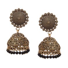 Overview These stylish Jhumka Earrings set from JewelryTrack will certainly leave you spellbound. These Jhumka Earrings set have an excellent finish and gives out an exquisite sense of style. If you are looking for an amazing Fashion Jewelry set for special occasions such as Anniversary, Engagement, Party, Wedding or for gifting , then your search ends here. Item Description: The look is stunning and preciously suitable for all kinds of dressy occasions. COLOR : Gold & Black Lenght: 6.5cm Wi Bohemian Black Jhumkas For Gift, Bohemian Black Jhumkas As Gift, Black Bohemian Danglers For Festivals, Bohemian Black Jhumkas For Festive Occasions, Bollywood Jhumkas For Navratri With Pierced Ears, Traditional Black Jhumkas As A Gift, Traditional Black Jhumkas For Gift, Black Traditional Jhumkas For Gift, Metal Jhumkas With Latkans For Diwali