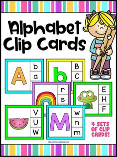 the alphabet clip cards with pictures of letters and numbers