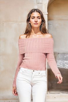 With a soft, fuzzy texture and blush-pink hue, the Tores Sweater tops our list of knitwear must-haves. The long-sleeve style features an off-shoulder silhouette with a slim fit and a foldover neckline that you can adjust to your liking. The effect is alluring, feminine, and perfectly cozy. Trendy Fall Off-shoulder Long Sleeve Top, Trendy Long Sleeve Off-shoulder Top For Fall, Feminine Winter Knit Top, Feminine Long Sleeve Winter Tops, Feminine Off-shoulder Tops For Fall, Chic Off-shoulder Winter Sweater, Pink Long Sleeve Off-shoulder Top For Spring, Fitted Off-shoulder Winter Sweater, Winter Soft Knit Pink Tops