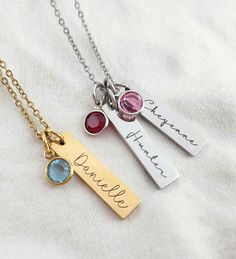 Personalized rectangle charm and birthstone necklace. This necklace is perfect for any loved one for any occasion! You choose your name and birthstone for your personalized, unique necklace. Available in two colors: gold, and silver. Can be personalized: choose the birthstone and name for each charm you choose for your necklace. Birthstone color WILL match whichever charm color you choose. Each item is made-to-order, which gives our pieces a unique meaning that is specific and special to you. These pieces all have straight cut edges; the edges on these charms are not rounded. H O W ∙ TO ∙ O R D E R 1. Select options from the dropdown menu 2. Submit your personalization request in the box provided 3. Add to cart and proceed to checkout I T E M ∙ S P E C I F I C A T I O N S - BIRTHSTONE: app Necklace With Kids Names, Unique Meaning, Birthstone Colors, Birthstone Gifts, Custom Name Necklace, Custom Necklace, Birthstone Necklace, Unique Necklaces, Name Necklace