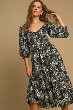 This flattering maxi dress features fun dramatic sleeves with velvet details and a smocked top that flatters everyone. You will love wearing this dress for day to day and for events this holiday season. Flattering Maxi Dress, White Jumpsuit Dress, Dramatic Sleeves, Umgee Dress, Smocked Top, Usa Dresses, Denim Accessories, Sweater Dress Midi, Midi Maxi Dress