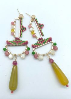 Handmade Multicolor Playful Beaded Earrings, Playful Multicolor Handmade Beaded Earrings, Playful Handmade Multicolor Beaded Earrings, Vibrant Green Dangle Earrings, Vibrant Handmade Green Jewelry, Playful Pink Beaded Earrings, Trendy Green Beaded Dangle Earrings, Trendy Handmade Yellow Beaded Earrings, Trendy Yellow Earrings With Colorful Beads