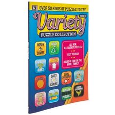 the variety puzzle collection book is open to reveal different types of puzzles and their contents