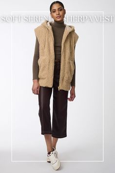 Our Soft Serenity Sherpa Vest is the perfect cozy piece for layering this fall. With it's oversized fit and warm faux fur, you'll be on trend this season. #bernardo #sherpa #falltrends2024 Sherpa Vest Outfit, Vest Outfit, Sherpa Vest, Vest Outfits, Puffer Vest, Long Coat