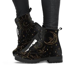 We love all things celestial and witchy! These black boots with gold sun, moon, and flowers designs are so fun to wear and will be a new favorite for your witchy, psychic, magickal wardrobe. NOTE: The design is printed with standard ink, not metallic. ---------------- Women's Vegan Leather Boots When did you last feel that your shoes help express your personality? Or when is the last time you were complimented on your shoes? If this isn't often, then read on... Most local shoe stores don't carry Moon Flowers, Lace Up Boots Women, Combat Style, Vegan Leather Boots, Flowers Black, Boots Mens, Black Vegan, Really Cute Outfits, Pretty Shoes