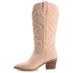 A classic cowgirl bootie reimagined for the modern fashionista the Chantry by Journee Collection. This pointed-toe boot with western stitch details and soft vegan leather is the most stylish way to embrace your country roots. A block heel and a 4 mm Tru Comfort Foam� footbed add comfortable height to this mid-calf design. At Journee Collection our boot styles will have your outfit looking even better than before. They will give you that finishing touch that will have your outfit looking straight Chic Spring Boots For Ranch, Spring Stacked Heel Snip Toe Boots, Chic Spring Ranch Boots, Chic Ranch Boots For Spring, Chic Heeled Boots For Rodeo In Spring, Spring Wide Calf Mid-calf Heeled Boots, Stacked Heel Snip Toe Boots For Spring, Spring Rodeo Moto Boots With Round Toe, Spring Boots With Stacked Heel And Snip Toe