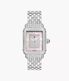 Only 25 pieces were produced of this limited edition piece. This Deco Madison Mid Stainless Pavé Diamond shines with 491 hand-set diamonds (1.89 carat weight) on the bezel and atop the peony mother-of-pearl dial with an all pavé center. The stainless hand-set diamond seven-link bracelet is made specifically for the Deco Mid collection and is interchangeable with any 16mm MICHELE strap. Luxury White Diamond Watch With Date Display, White Luxury Diamond Watch With Date Display, Luxury Pink Diamond Watch With Subdials, Luxury Pink Watches With Rectangular Dial, Luxury Pink Watch With Rectangular Dial, Designer Silver Watch With Date Indicator, Designer Silver Watches With Date Indicator, Luxury Pink Watch Bands, Elegant Pink Watch With Date Display