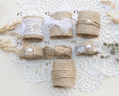 burlap twine wrapped in white lace and tied with pearls