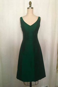 Emerald Green V-neck A-line Shantung Cocktail Dress | Etsy Shantung Dress, Custom Dresses, A Line Skirts, Emerald Green, Brooklyn, Sleeveless Dress, Custom Made, High Neck Dress, Emerald