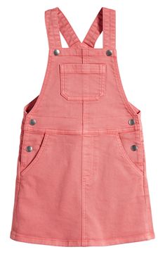 Kids will be ready to play in style with this pinafore-style dress made from stretchy denim with plenty of pockets for their essentials. Unlined Snap straps; side snap closures Chest patch pocket; front scoop pockets; back patch pockets 98% cotton, 2% elastane Machine wash, tumble dry Imported Spring Cotton Pinafore Dress With Pockets, Casual Summer Pinafore Dress For School, Spring Casual Bib Front Pinafore Dress, Spring Cotton Shortalls With Button Closure, Summer Casual School Pinafore Dress, Casual Summer School Pinafore Dress, Casual Pink Pinafore Dress For Spring, Casual Cotton Pinafore Dress With Bib Front, Cute Sleeveless Pinafore Dress For Playtime