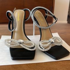 Black 3 Inch Rhinestone Bow Heels Never Worn Outside Like New True To Size 8.5 Rhinestone Bow Heels, Black Heeled Sandals, Bow Heels, Rhinestone Bow, Black Sandals Heels, Heeled Sandals, Black Heels, Lemonade, Shoes Women Heels