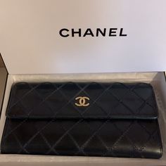 Normal Signs Of Light Wear No Rips Or Stains Dark Blue Inside Is Clean Beautiful Wallet Hardware Gold Diamond Stitch, Chanel Bags, Long Wallet, Chanel Bag, Blue Gold, Dark Blue, Chanel, Bag Lady, Size 7