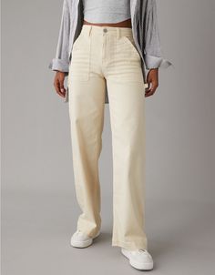 AE Dreamy Drape Woven Super High-Waisted Baggy Wide-Leg Pant Cream Jeans, Cream Pants, White Linen Pants, American Eagle Jeans, American Eagle Outfitters Jeans, Pants Outfit, White Linen, Colored Jeans, Wide Leg Jeans