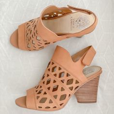 These Have Never Been Worn. They Are A Tan Sandal With 3in Stacked Heels. They Also Have A Cutout Design With A Peep Toe. There Is A Velcro Strap To Close Around Heel. These Are A Wider Fit. Brown Sandals With Reinforced Heel For Spring, Beige Sandals With Reinforced Heel And Medium Width, Beige Almond Toe Sandals With Reinforced Heel, Summer Wedge Sandals With Removable Insole And Almond Toe, Brown Almond Toe Sandals For Spring, Summer Sandals With 4-inch Almond Toe Heel, Summer Sandals With Wooden Heel And Almond Toe, Summer Almond Toe Heels With Reinforced Heel, Chic Spring Wedge Sandals With Almond Toe