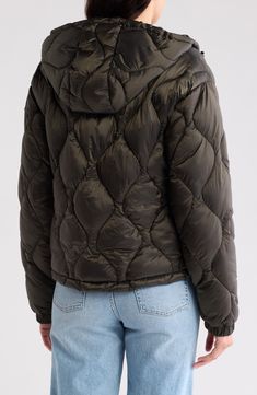 Stay warm in this water-resistant quilted puffer jacket featuring a cozy drawcord hood and secure zip pockets. 23 1/2" length (size Medium) Front zip closure Drawcord-toggle hood Adjustable snap cuffs Front zip pockets Nylon lining, with recycled polyester fill 100% nylon Dry clean or machine wash, tumble dry Imported Quilted Duck Down Puffer Jacket For Cold Weather, Hooded Puffer Jacket With Drawstring For Cold Weather, Winter Down Hooded Jacket With Drawstring Hood, Duck Down Hooded Outerwear With Drawstring, Hooded Duck Down Outerwear With Drawstring, Duck Down Outerwear With Drawstring Hood, Fall Hooded Quilted Duck Down Jacket, Hooded Duck Down Quilted Jacket For Fall, Hooded Nylon Puffer Jacket For Fall