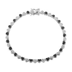 Imagine yourself in the modern yet sweet details of this black and white diamond alternating heart link bracelet. Created in sterling silver Heart-shaped composites of black rhodium-plated and epoxy-coated beading alternate with bright white beaded composites. Black and white diamonds add eye-catching color and sparkle to the look. Radiant with 1/10 ct. t.w. of diamonds This 7.25-inch bracelet secures with a box clasp. Black Diamond Heart-shaped Jewelry, Black Diamond Jewelry For Valentine's Day, Black Heart-shaped Diamond Jewelry, Valentine's Day Black Diamond Jewelry, Black Diamond Tennis Bracelet Gift, Black Diamond Tennis Bracelet As Gift, Black Diamond Bracelets For Anniversary, Hearts Bracelet, Black Resin