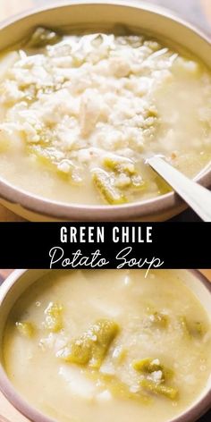 two bowls of green chile potato soup on a wooden table with text overlay that reads, green chile potato soup