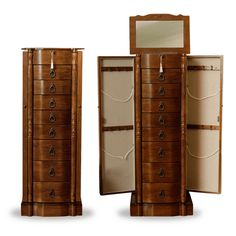 two wooden jewelry boxes with mirrors on top of them, one opened and the other closed