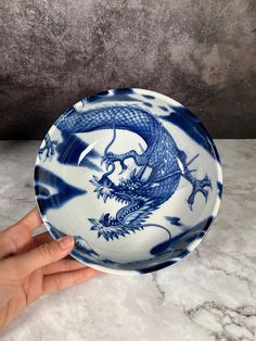 a hand holding a blue and white plate with a dragon on it