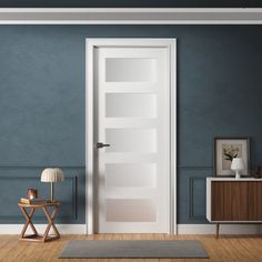 an empty room with blue walls and wooden flooring is pictured in this rendering image