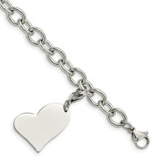 Stainless Steel Heart Charm 8in Bracelet. Finish:Polished|Length of Item:8 in|Chain Length:8 in|Chain Width:8 mm|Charm/Element Length:25 mm|Charm/Element Width:20 mm|Clasp /Connector:Lobster (Fancy)|Feature:2 Pieces|Material: Primary:Stainless Steel|Item Weight U/M:gm|Width of Item:20 mm|Engravable:Yes|Product Type:Jewelry|Jewelry Type:Bracelets|Sold By Unit:Each|Bracelet Type:Bracelets with Stations|Material: Primary - Color:White Color: Metal Type.  Gender: unisex.  Age Group: kids. Woven Necklace, Stainless Steel Polish, Beaded Stretch Bracelet, Kids Jewelry, Tiffany Heart, Heart Charm Bracelet, High Quality Jewelry, Steel Bracelet, Teardrop Earrings