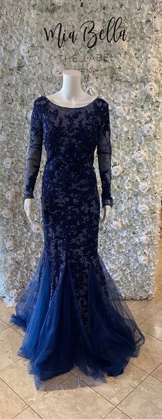 Long sleeve v-back with lace throughout the gown. Lace Gown, Long Sleeve Lace, Mermaid Formal Dress, Fit And Flare, Formal Dresses Long, Sequin, Formal Dresses, Navy, Lace